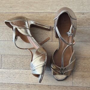 Sézane Gold Metallic T-Strap Heeled Sandals